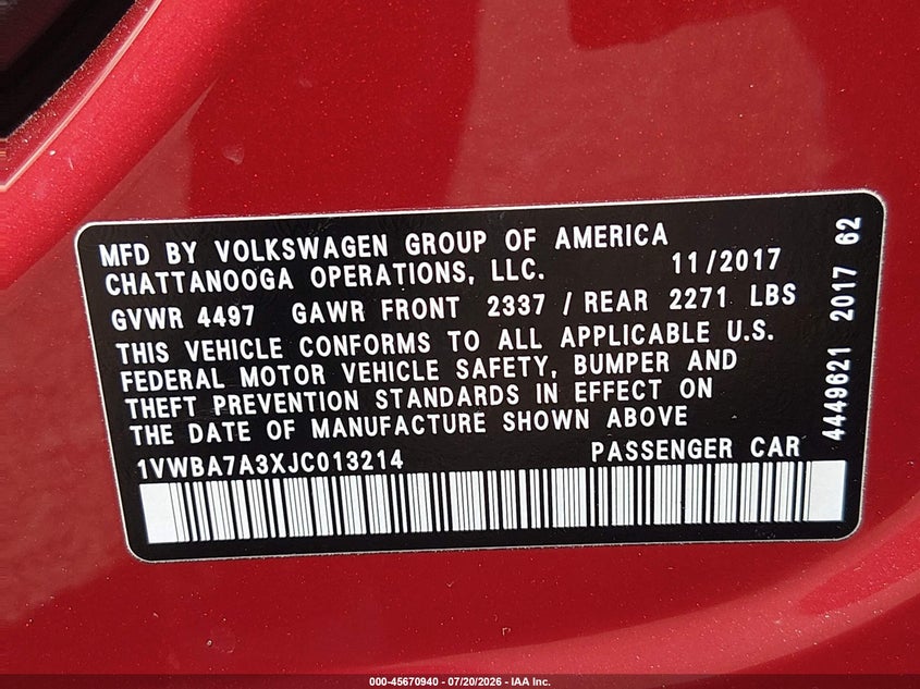 2018 Volkswagen Passat 2.0T Se VIN: 1VWBA7A3XJC013214 Lot: 45670940