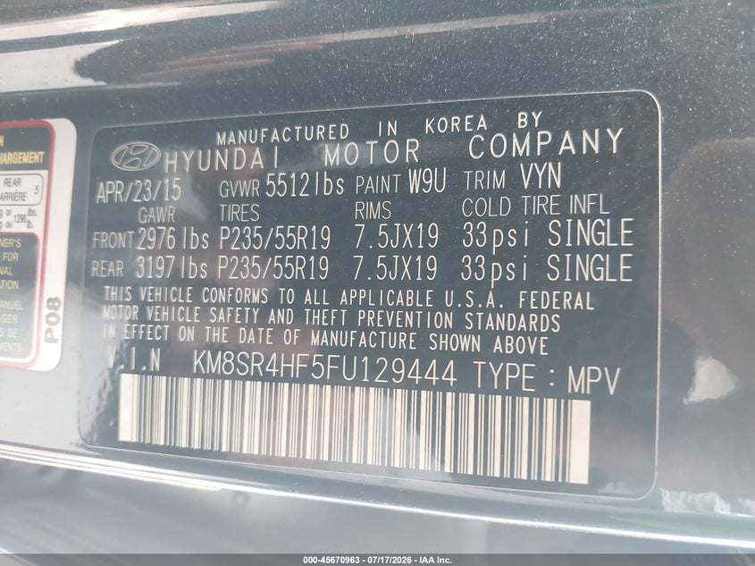 2015 Hyundai Santa Fe Gls VIN: KM8SR4HF5FU129444 Lot: 45670963