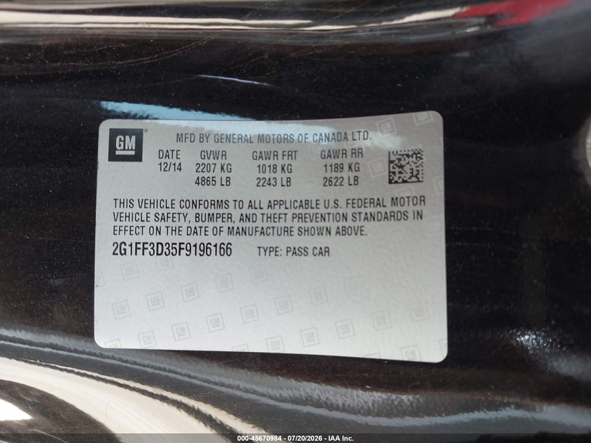 2015 Chevrolet Camaro 2Lt VIN: 2G1FF3D35F9196166 Lot: 45670984