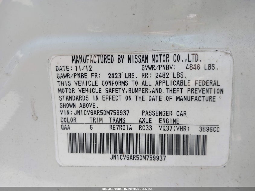 2013 Infiniti G37X VIN: JN1CV6AR5DM759937 Lot: 45670985