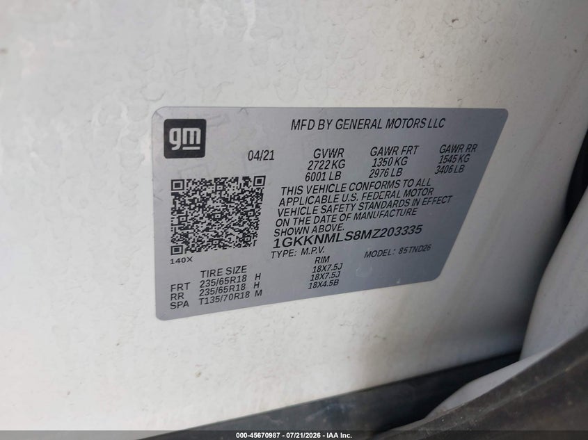 2021 GMC Acadia Fwd Slt VIN: 1GKKNMLS8MZ203335 Lot: 45670987