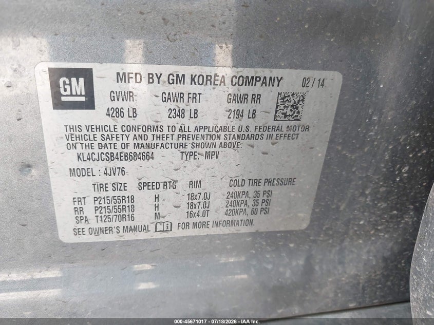 2014 Buick Encore Leather VIN: KL4CJCSB4EB684664 Lot: 45671017