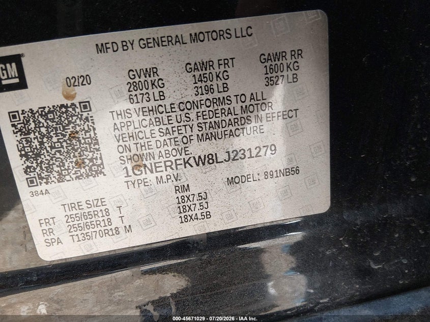 CHEVROLET TRAVERSE 2020 VIN 1GNERFKW8LJ231279