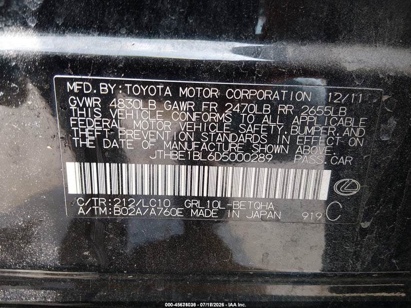 2013 Lexus Gs 350 VIN: JTHBE1BL6D5000289 Lot: 45671036