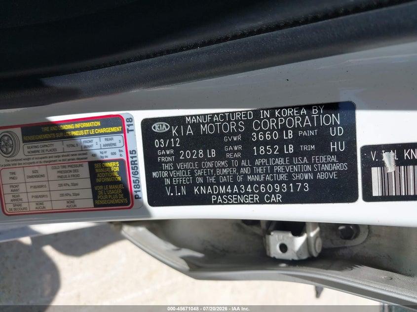 2012 Kia Rio Lx VIN: KNADM4A34C6093173 Lot: 45671048