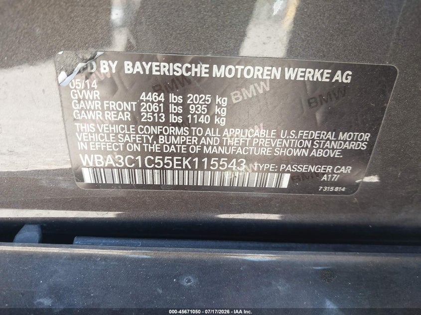 2014 BMW 328I VIN: WBA3C1C55EK115543 Lot: 45671050