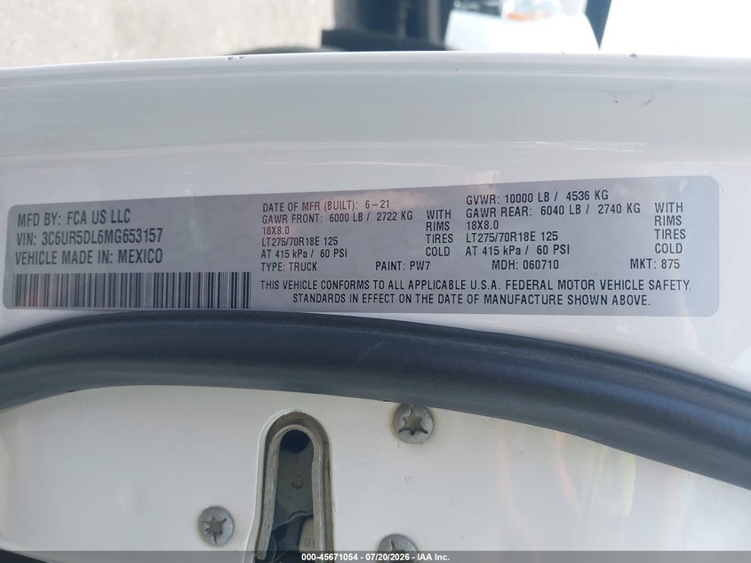 2021 Ram 2500 Big Horn 4X4 6'4 Box VIN: 3C6UR5DL6MG653157 Lot: 45671054