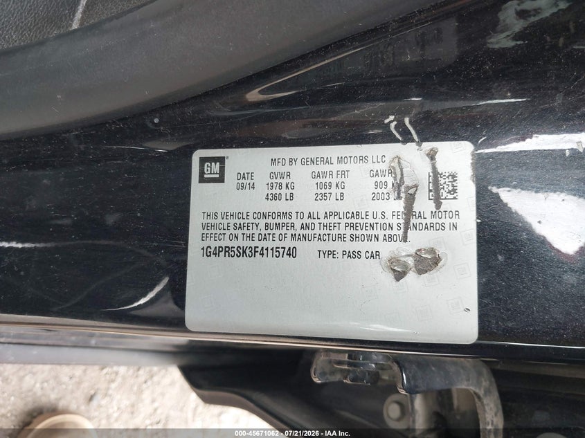 2015 Buick Verano Convenience Group VIN: 1G4PR5SK3F4115740 Lot: 45671062