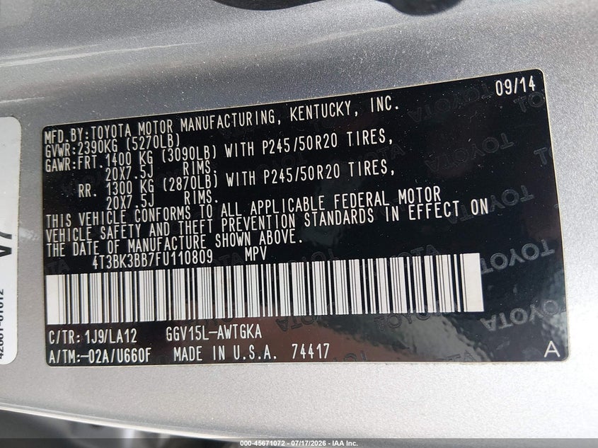 2015 Toyota Venza Limited V6 VIN: 4T3BK3BB7FU110809 Lot: 45671072