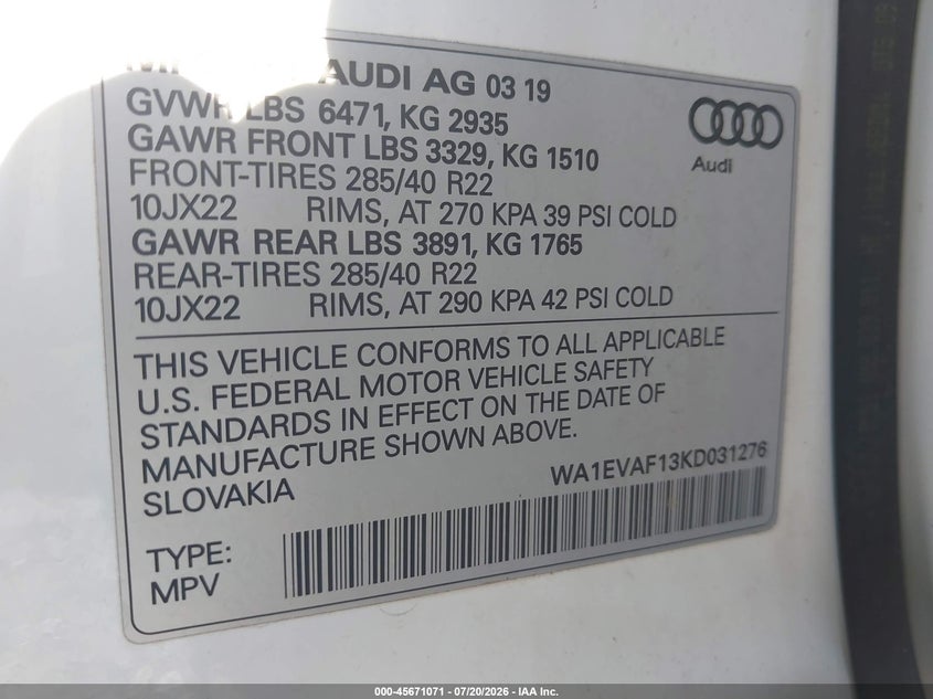 2019 Audi Q8 55 Premium VIN: WA1EVAF13KD031276 Lot: 45671071