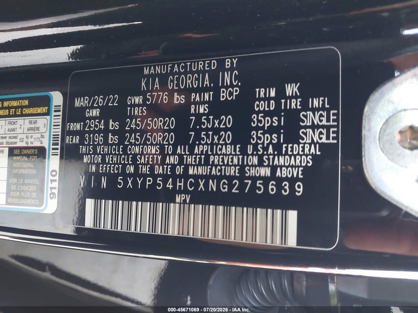 2022 Kia Telluride Sx VIN: 5XYP54HCXNG275639 Lot: 45671069
