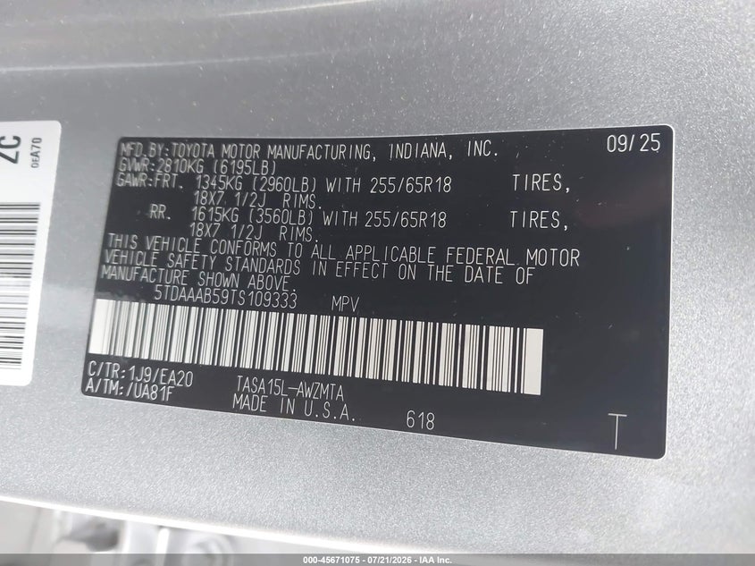2026 Toyota Grand Highlander Xle VIN: 5TDAAAB59TS109333 Lot: 45671075