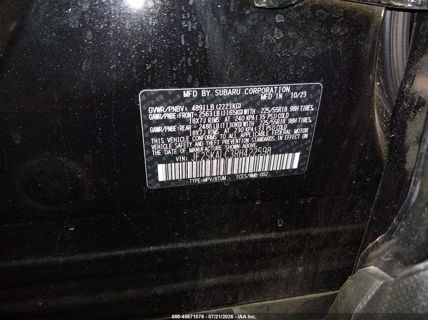 2024 Subaru Forester Limited VIN: JF2SKALC3RH422598 Lot: 45671076