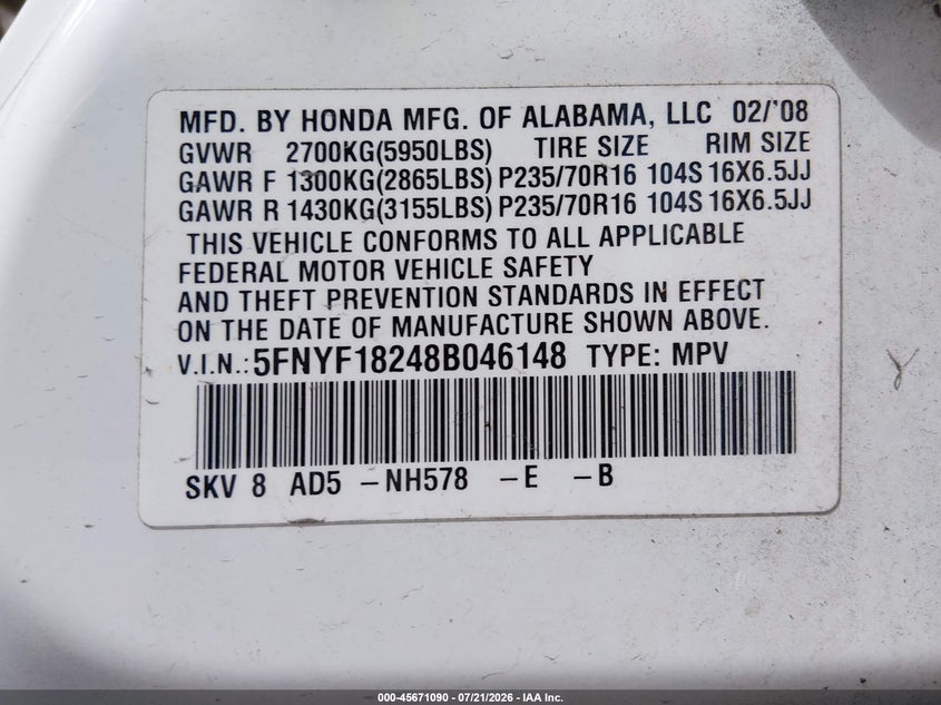 2008 Honda Pilot Vp VIN: 5FNYF18248B046148 Lot: 45671090