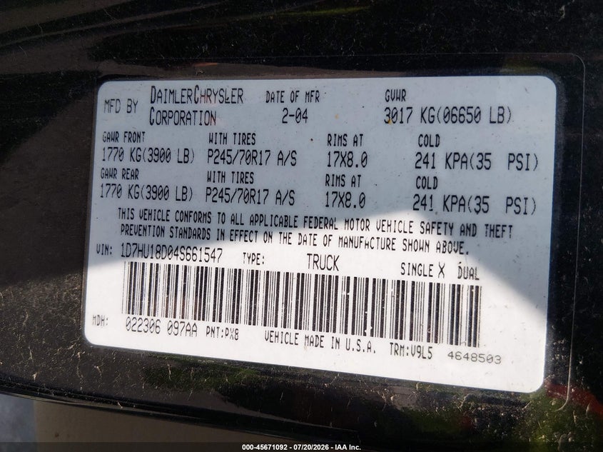 2004 Dodge Ram 1500 Slt/Laramie VIN: 1D7HU18D04S661547 Lot: 45671092