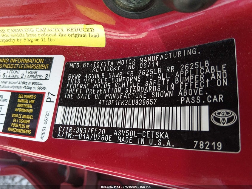 2014 Toyota Camry Se VIN: 4T1BF1FK3EU839657 Lot: 45671114