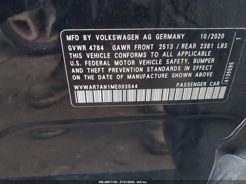 2021 Volkswagen Arteon 2.0T Se VIN: WVWAR7AN1ME003544 Lot: 45671120