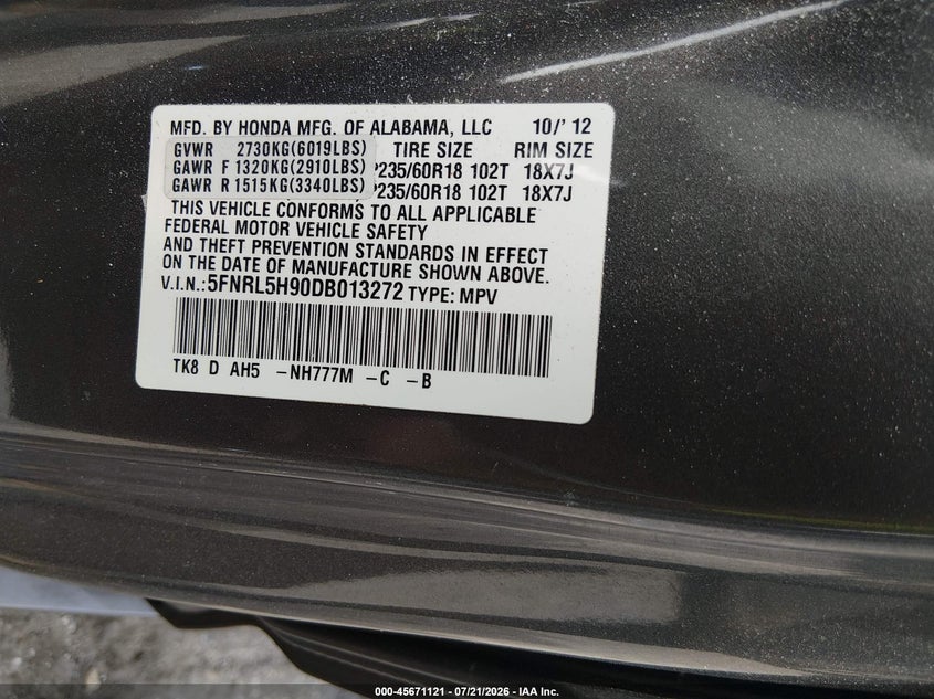2013 Honda Odyssey Touring/Touring Elite VIN: 5FNRL5H90DB013272 Lot: 45671121