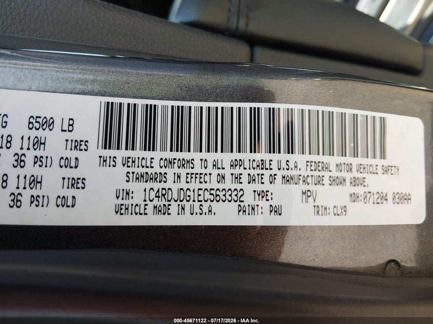 2014 Dodge Durango Limited VIN: 1C4RDJDG1EC563332 Lot: 45671122
