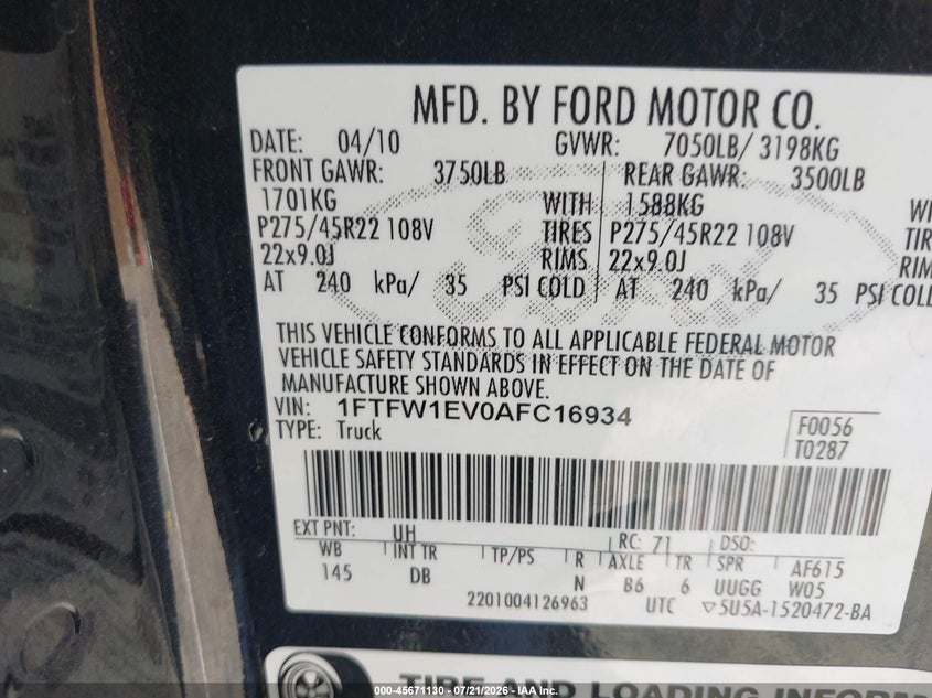 2010 Ford F-150 Fx4/Harley-Davidson/King Ranch/Lariat/Platinum/Xl/Xlt VIN: 1FTFW1EV0AFC16934 Lot: 45671130