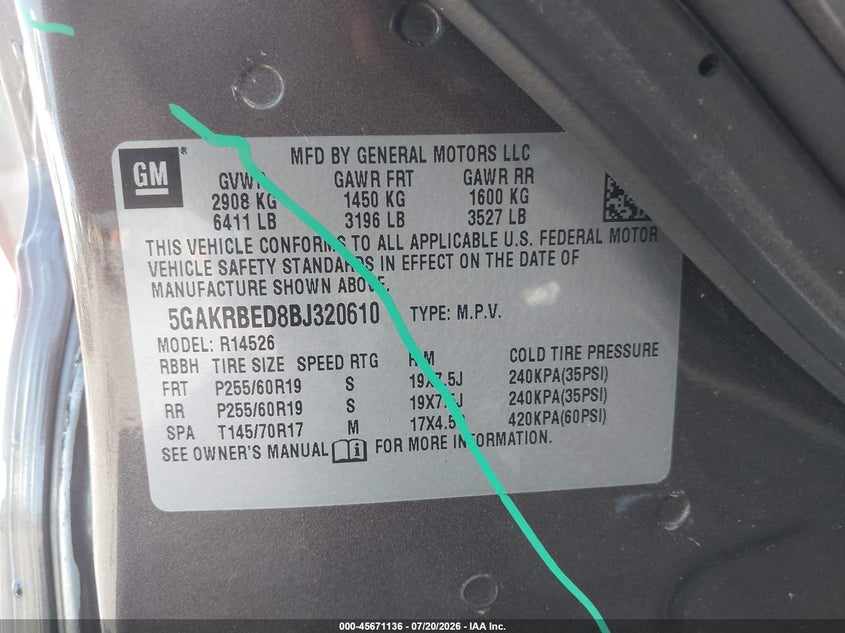 2011 Buick Enclave 1Xl VIN: 5GAKRBED8BJ320610 Lot: 45671136
