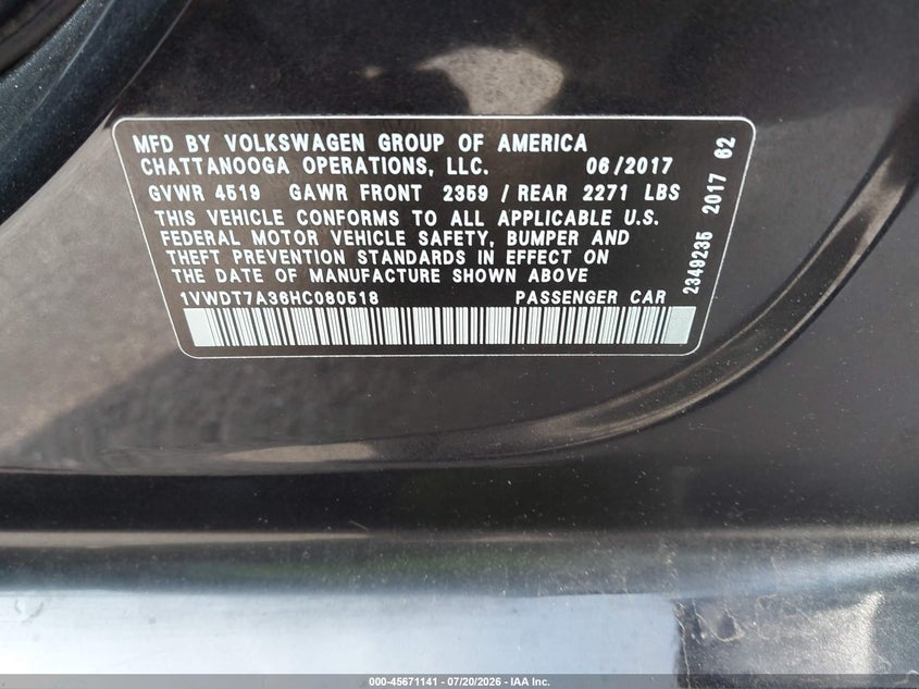 2017 Volkswagen Passat 1.8T R-Line VIN: 1VWDT7A36HC080518 Lot: 45671141