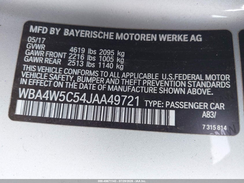 2018 BMW 430I xDrive VIN: WBA4W5C54JAA49721 Lot: 45671143