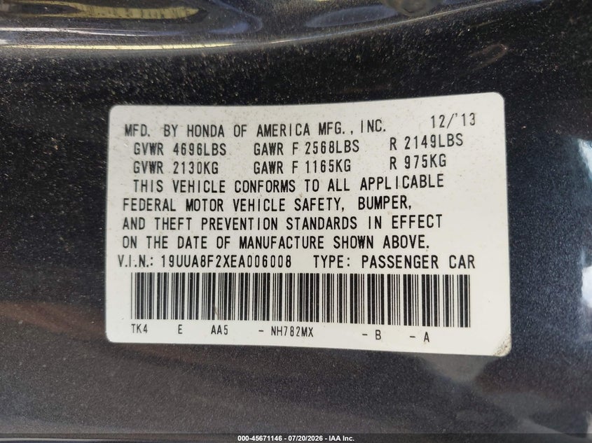 2014 Acura Tl 3.5 VIN: 19UUA8F2XEA006008 Lot: 45671146