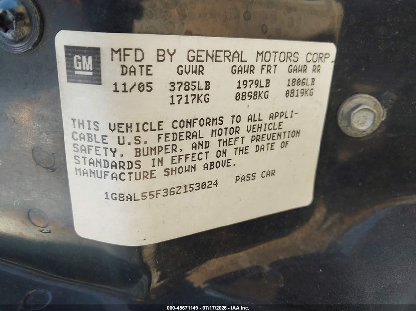 2006 Saturn Ion 3 VIN: 1G8AL55F36Z153024 Lot: 45671149