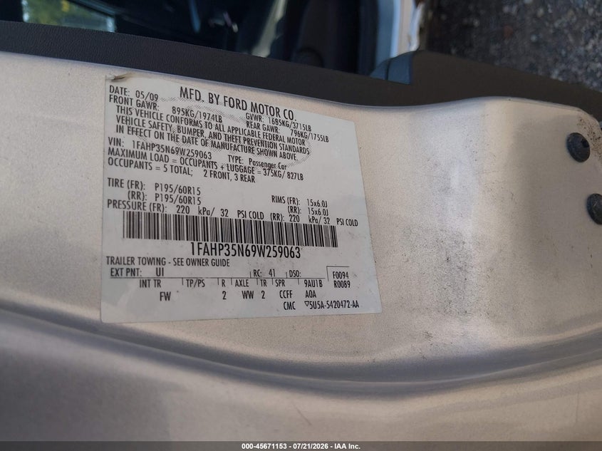 2009 Ford Focus Se VIN: 1FAHP35N69W259063 Lot: 45671153
