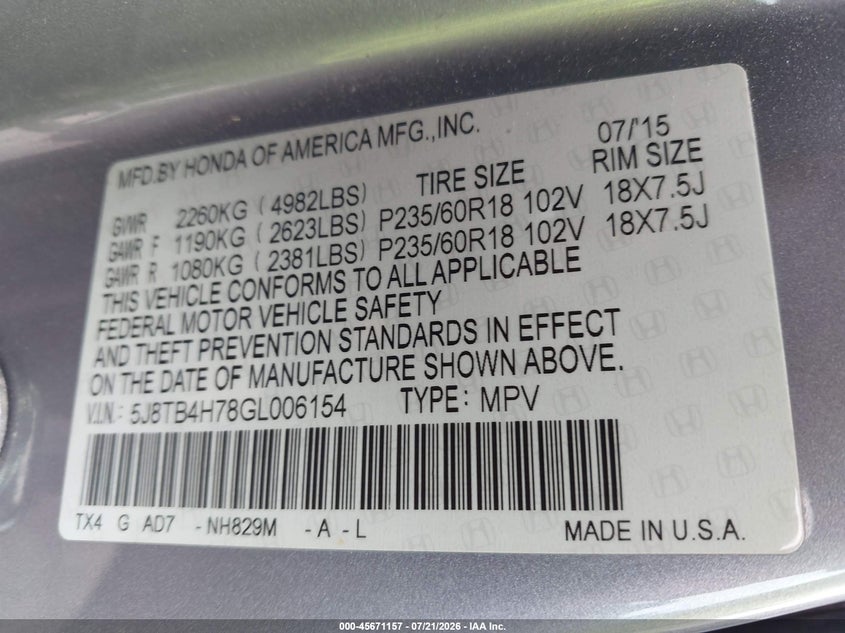 2016 Acura Rdx Advance Package VIN: 5J8TB4H78GL006154 Lot: 45671157