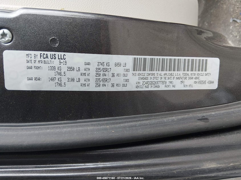 2019 Dodge Grand Caravan Se VIN: 2C4RDGBG2KR777870 Lot: 45671160