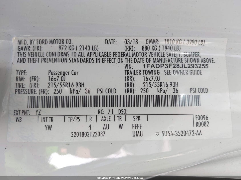 2018 Ford Focus Se VIN: 1FADP3F28JL293255 Lot: 45671161
