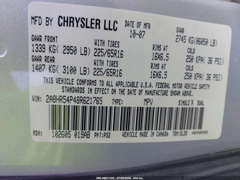 2008 Chrysler Town & Country Touring VIN: 2A8HR54P48R621765 Lot: 45671162