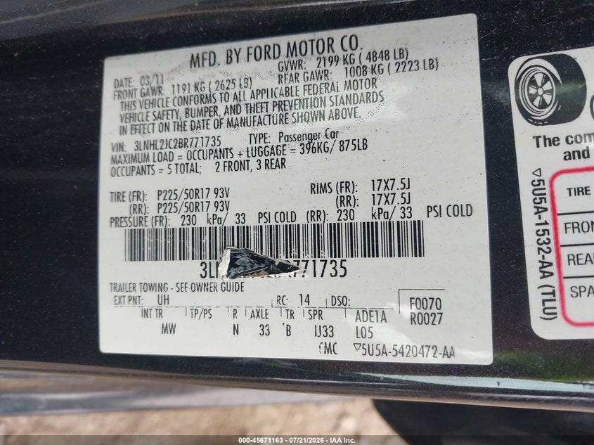 2011 Lincoln Mkz VIN: 3LNHL2JC2BR771735 Lot: 45671163