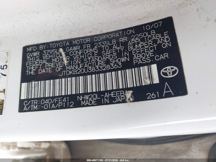 2008 Toyota Prius VIN: JTDKB20U383328363 Lot: 45671195