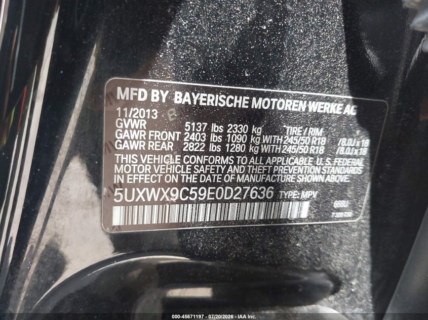 2014 BMW X3 xDrive28I VIN: 5UXWX9C59E0D27636 Lot: 45671197