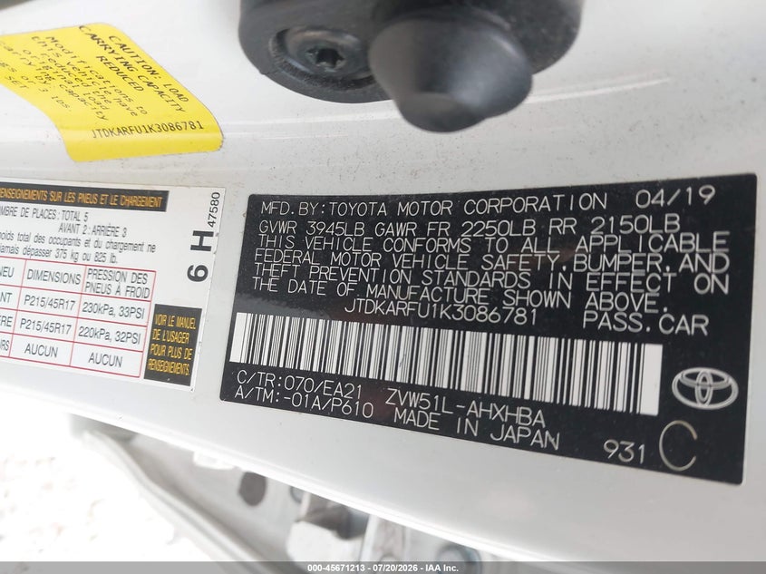 2019 Toyota Prius Limited VIN: JTDKARFU1K3086781 Lot: 45671213
