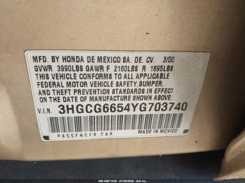 2000 Honda Accord 2.3 Lx VIN: 3HGCG6654YG703740 Lot: 45671225