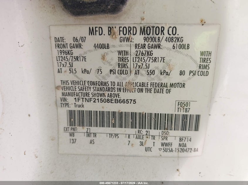 2008 Ford Super Duty F-250 Srw Xl/Xlt VIN: 1FTNF21508EB66575 Lot: 45671233