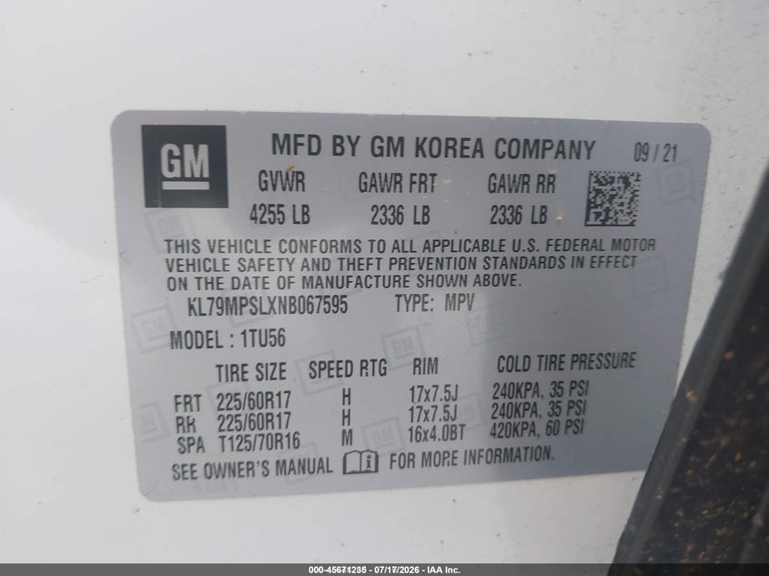 2022 Chevrolet Trailblazer Fwd Lt VIN: KL79MPSLXNB067595 Lot: 45671235