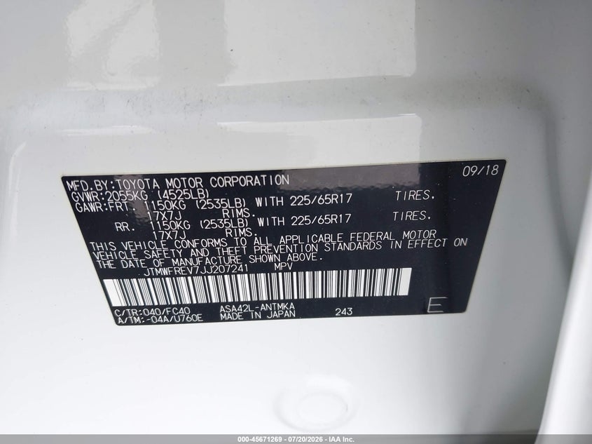 TOYOTA RAV4 2018 VIN JTMWFREV7JJ207241