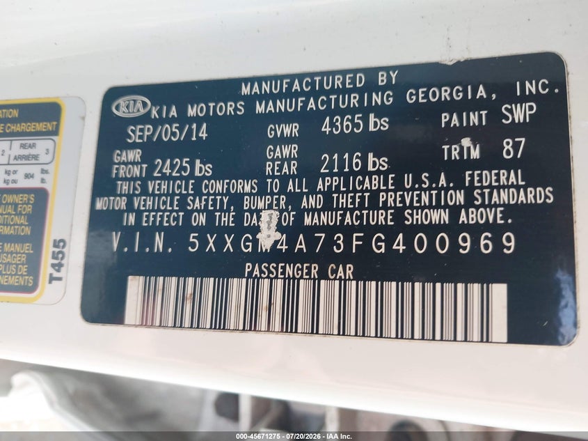 2015 Kia Optima Lx VIN: 5XXGM4A73FG400969 Lot: 45671275