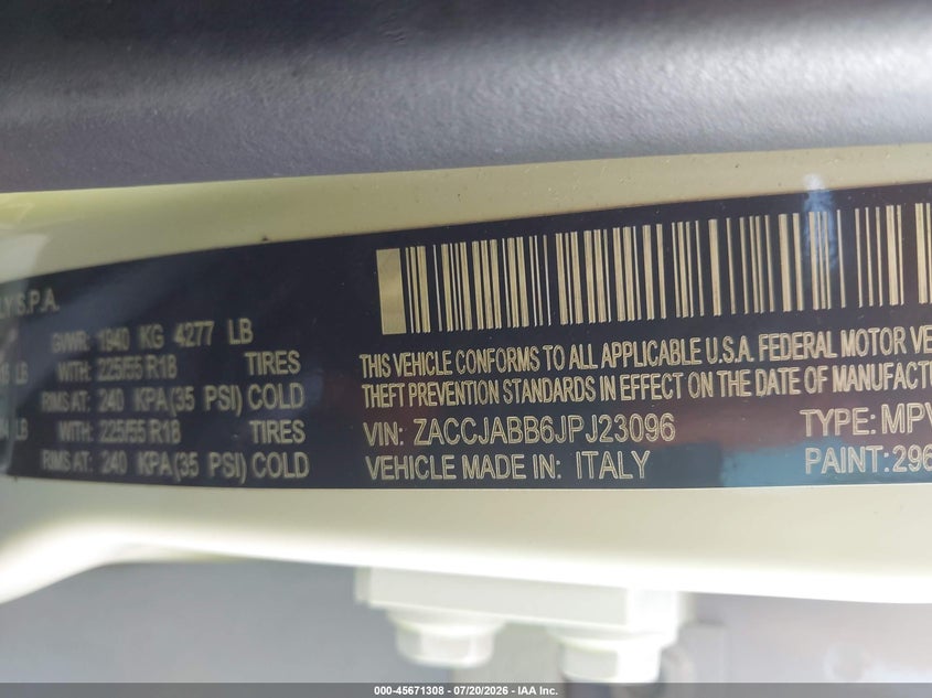 2018 Jeep Renegade Latitude Fwd VIN: ZACCJABB6JPJ23096 Lot: 45671308