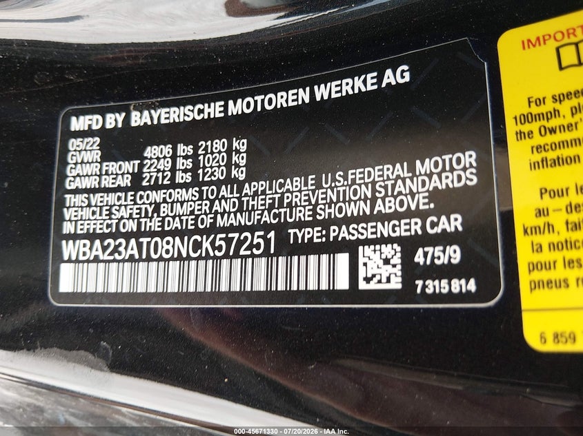 2022 BMW 430I VIN: WBA23AT08NCK57251 Lot: 45671330
