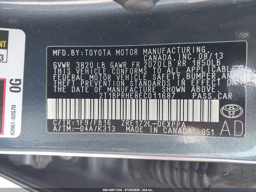 2014 Toyota Corolla Le Eco Plus VIN: 2T1BPRHE8EC011687 Lot: 45671336