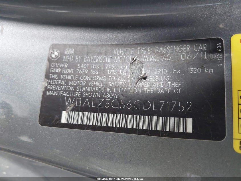 2012 BMW 650I VIN: WBALZ3C56CDL71752 Lot: 45671367