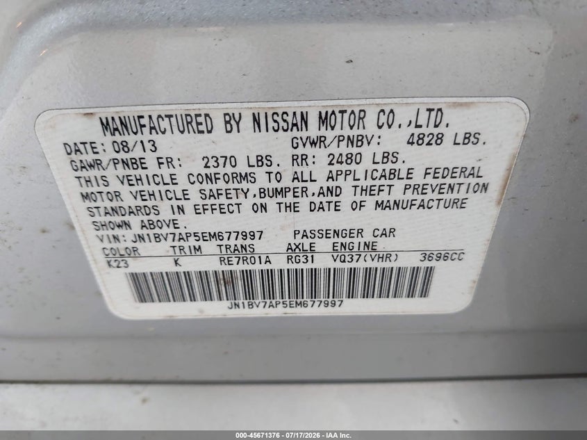 2014 Infiniti Q50 Sport VIN: JN1BV7AP5EM677997 Lot: 45671376