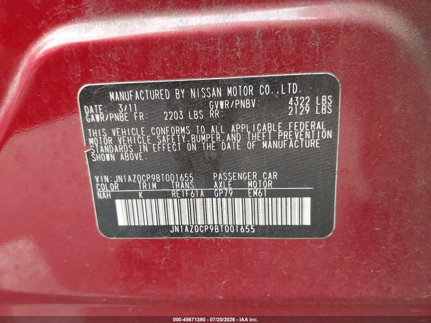 2011 Nissan Leaf Sl VIN: JN1AZ0CP9BT001655 Lot: 45671390