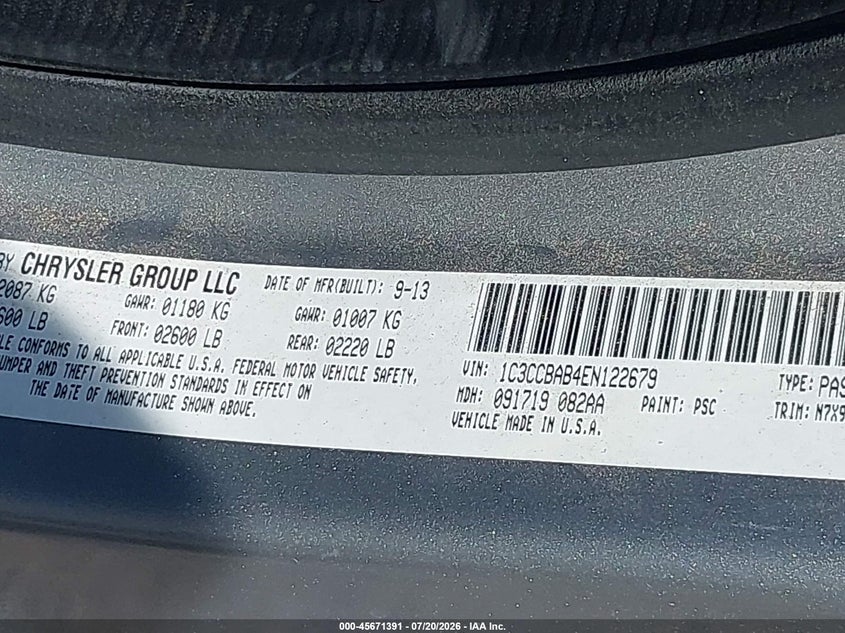 2014 Chrysler 200 Lx VIN: 1C3CCBAB4EN122679 Lot: 45671391